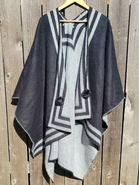 Ann Taylor Black & Gray Hooded Cape Wrap with Pom Tassels